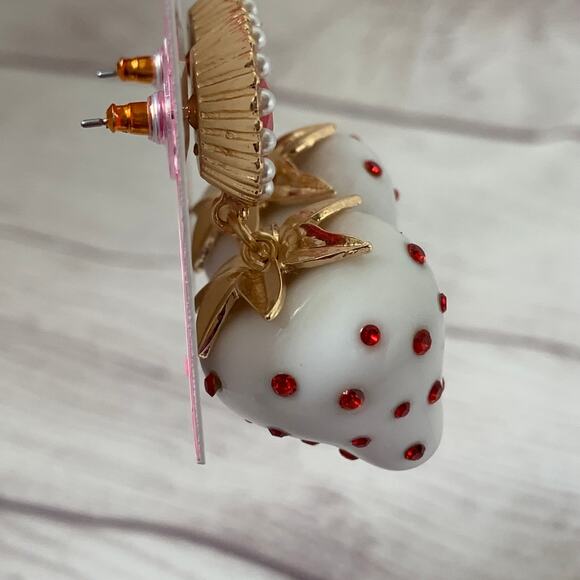 Betsey Johnson White Strawberry Earrings with Red Jewels and Faux Pearls - Picture 8 of 11